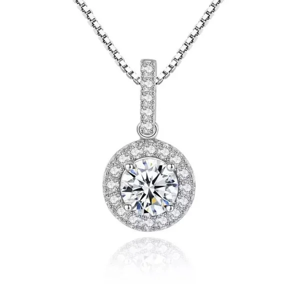 14k Gold 1ct. Lab Diamond Halo Necklace Italy Sterling Silver